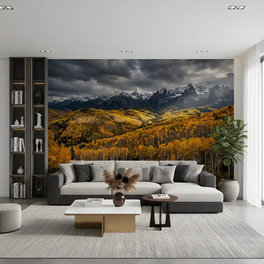 Living room glowing under the Autumn's Golden Embrace mountain wall mural