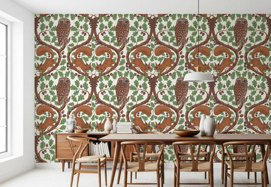 Woodland Whispers owl and squirrel wallpaper warming a relaxed dining room
