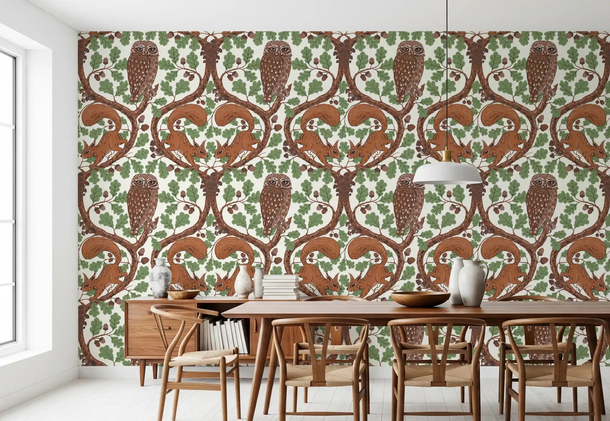 Woodland Whispers owl and squirrel wallpaper warming a relaxed dining room
