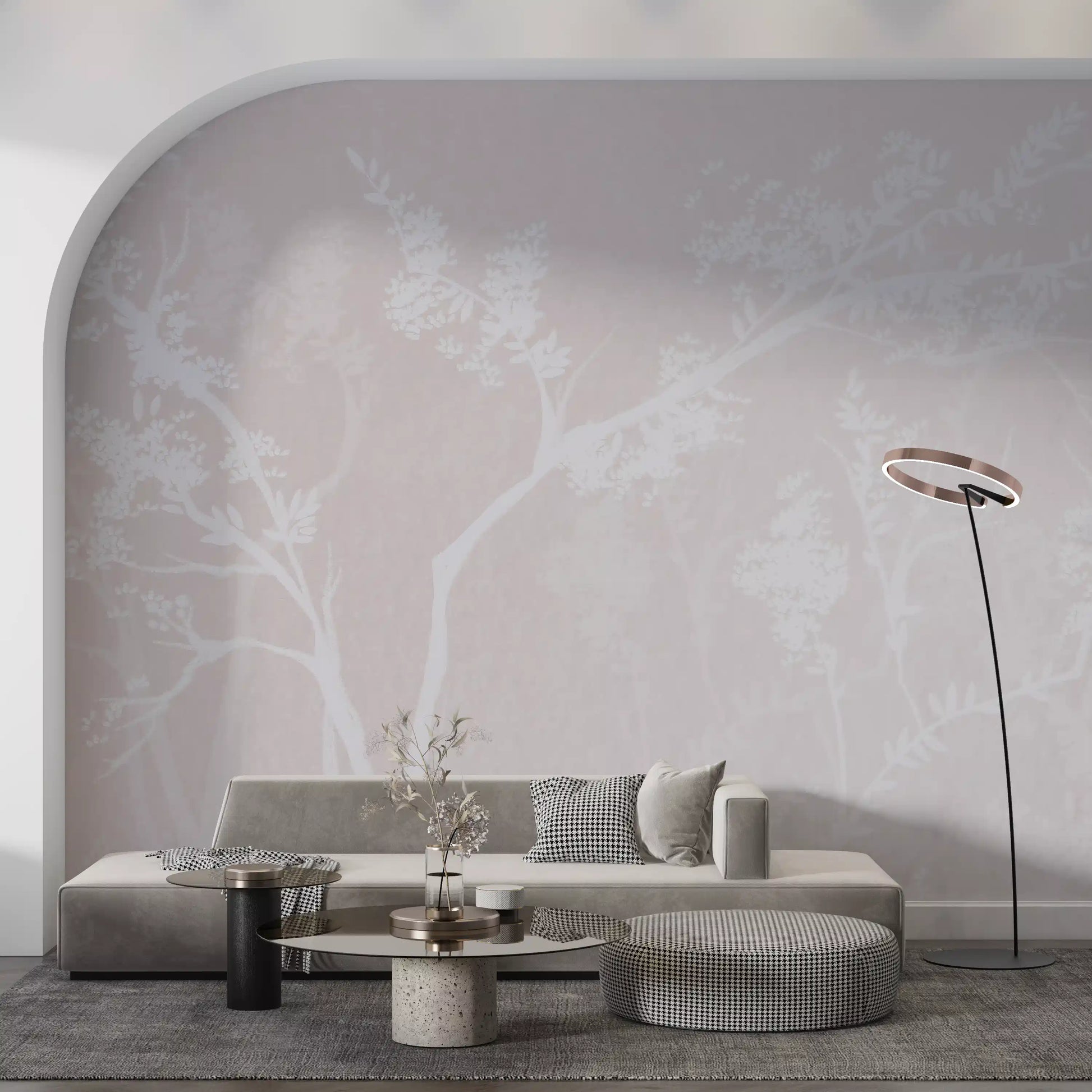 Tree shapes recede into a misty backdrop on this Blossom Canopy wall mural