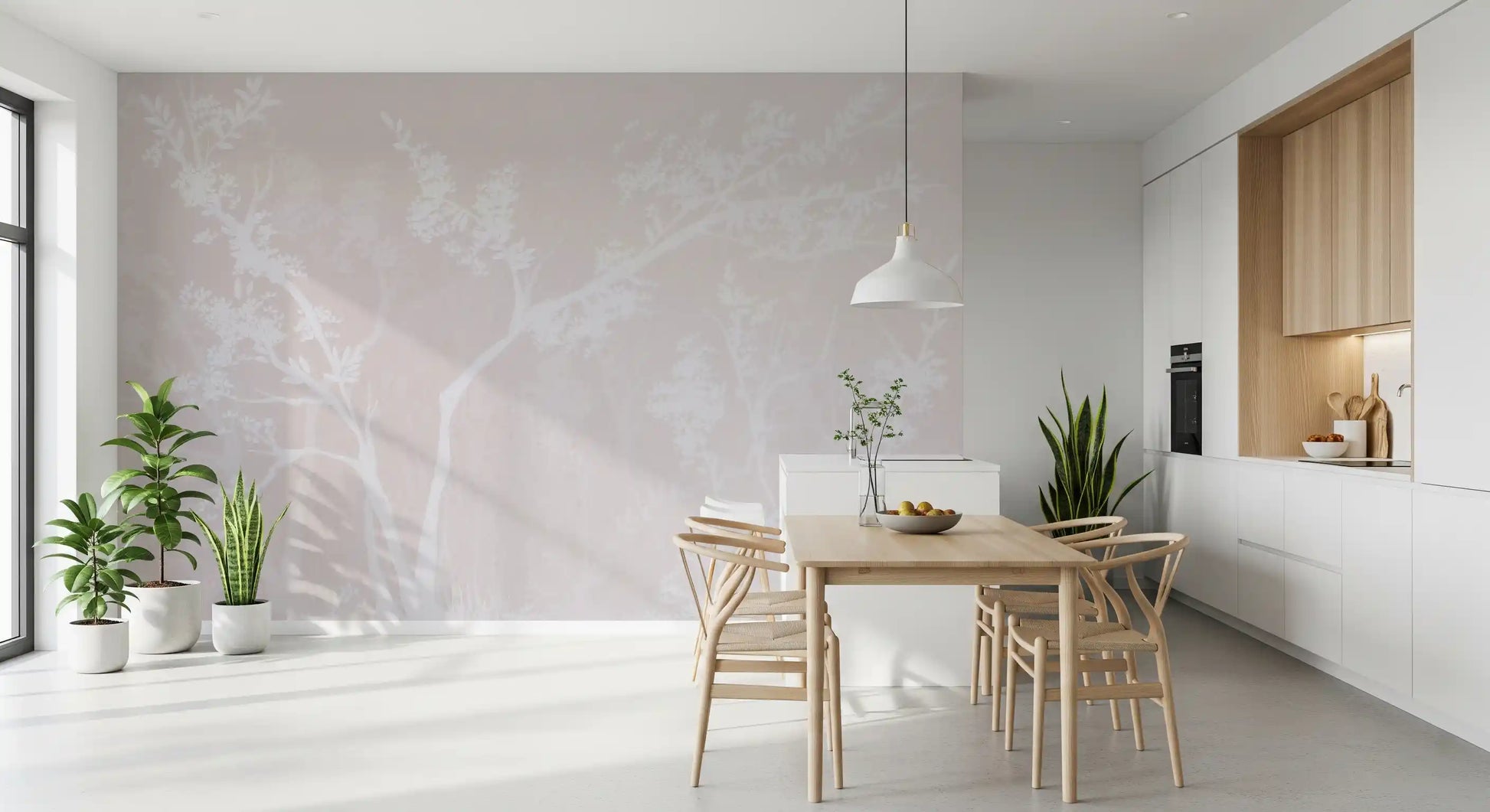 Pale blossom canopy wall mural setting a quiet mood in a neutral dining room
