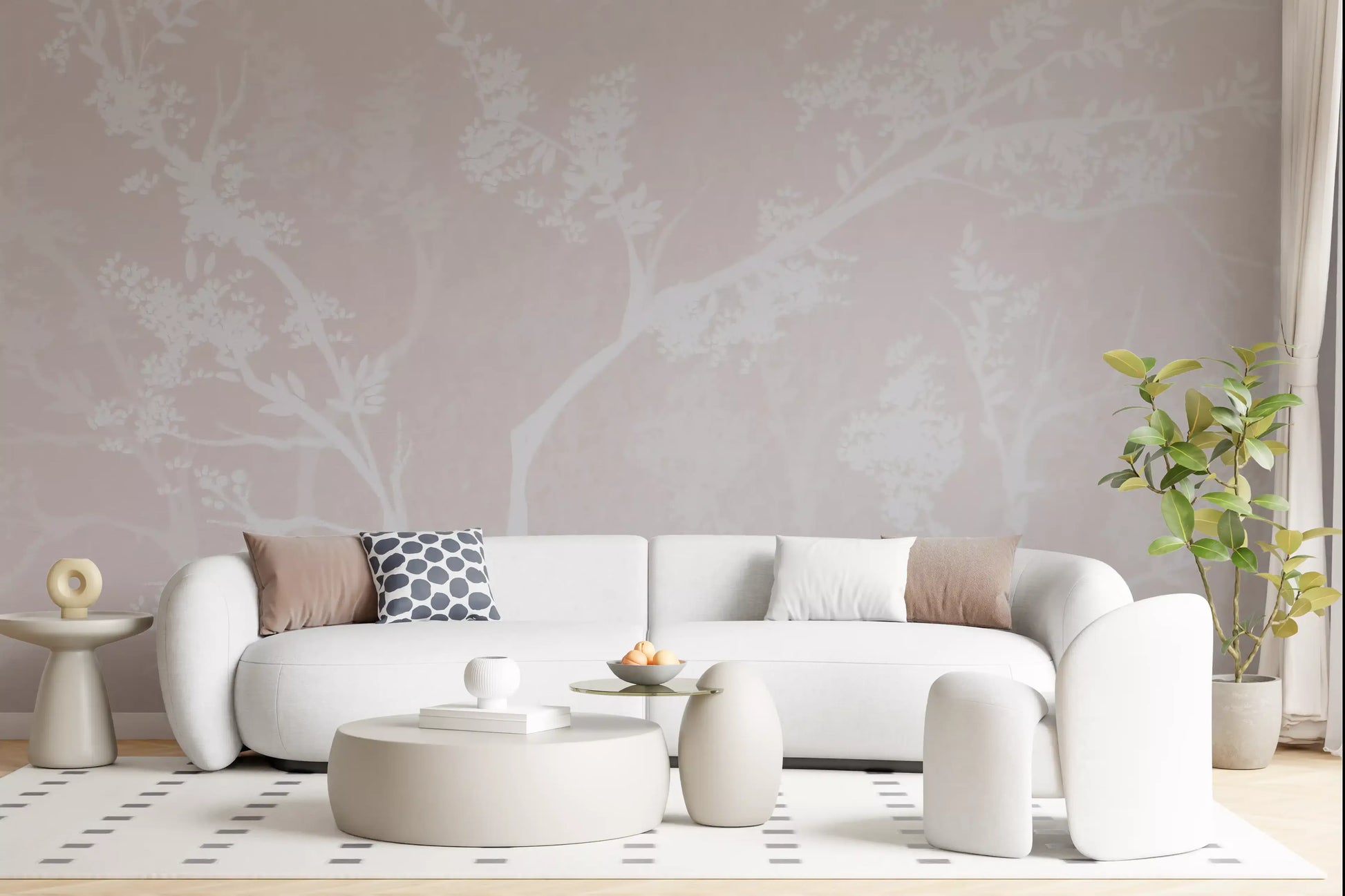 Fine leaf clusters and blossom sprays dotting the pale neutral wall mural