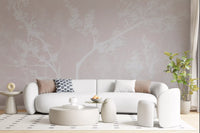 Fine leaf clusters and blossom sprays dotting the pale neutral wall mural