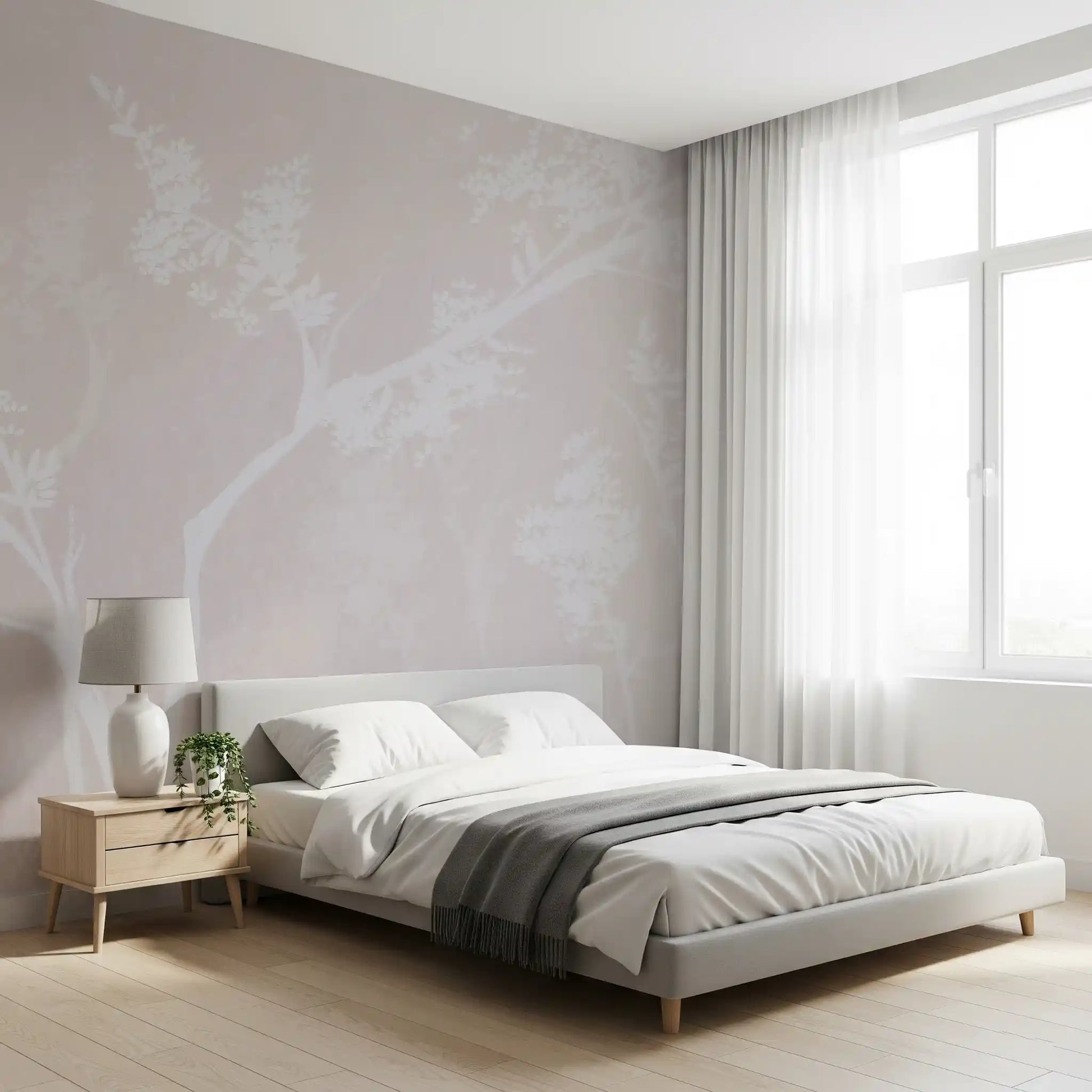 Warm blend of beige, dusty pink and cream sets the tone of this Blossom Canopy wall mural