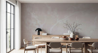 A gentle blossom canopy wall mural lends the Dining room a warm, neutral hush