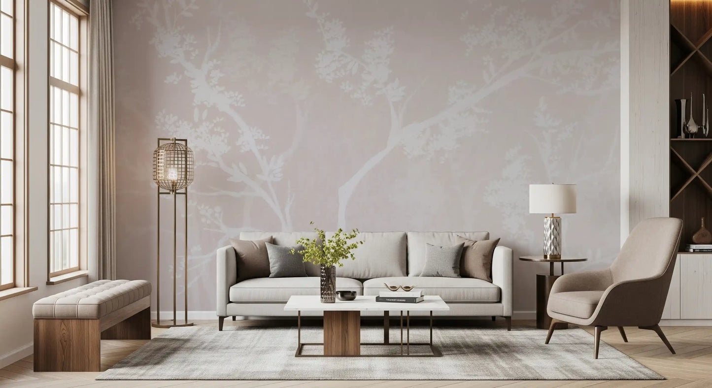 Branch and blossom wall mural framing a serene lounge in muted neutral shades