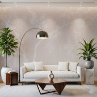 Quiet Living area set off by the Muted Blossom Canopy wall mural in blush neutrals