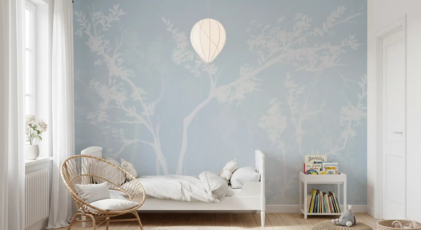 Ethereal Blue Blossom Silhouet Neutrale Muurmuurdecoratie