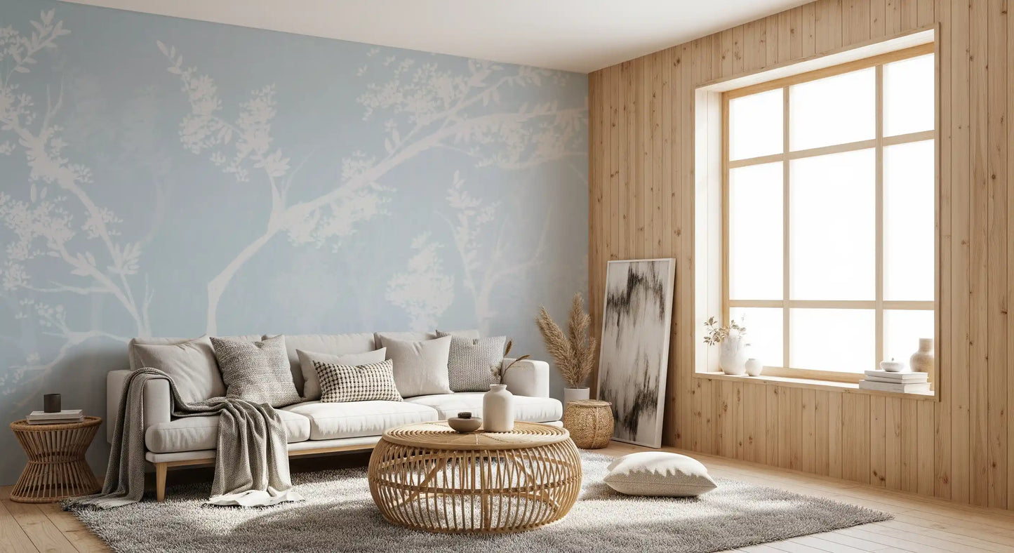 Ethereal Blue Blossom Silhouet Neutrale Muurmuurdecoratie