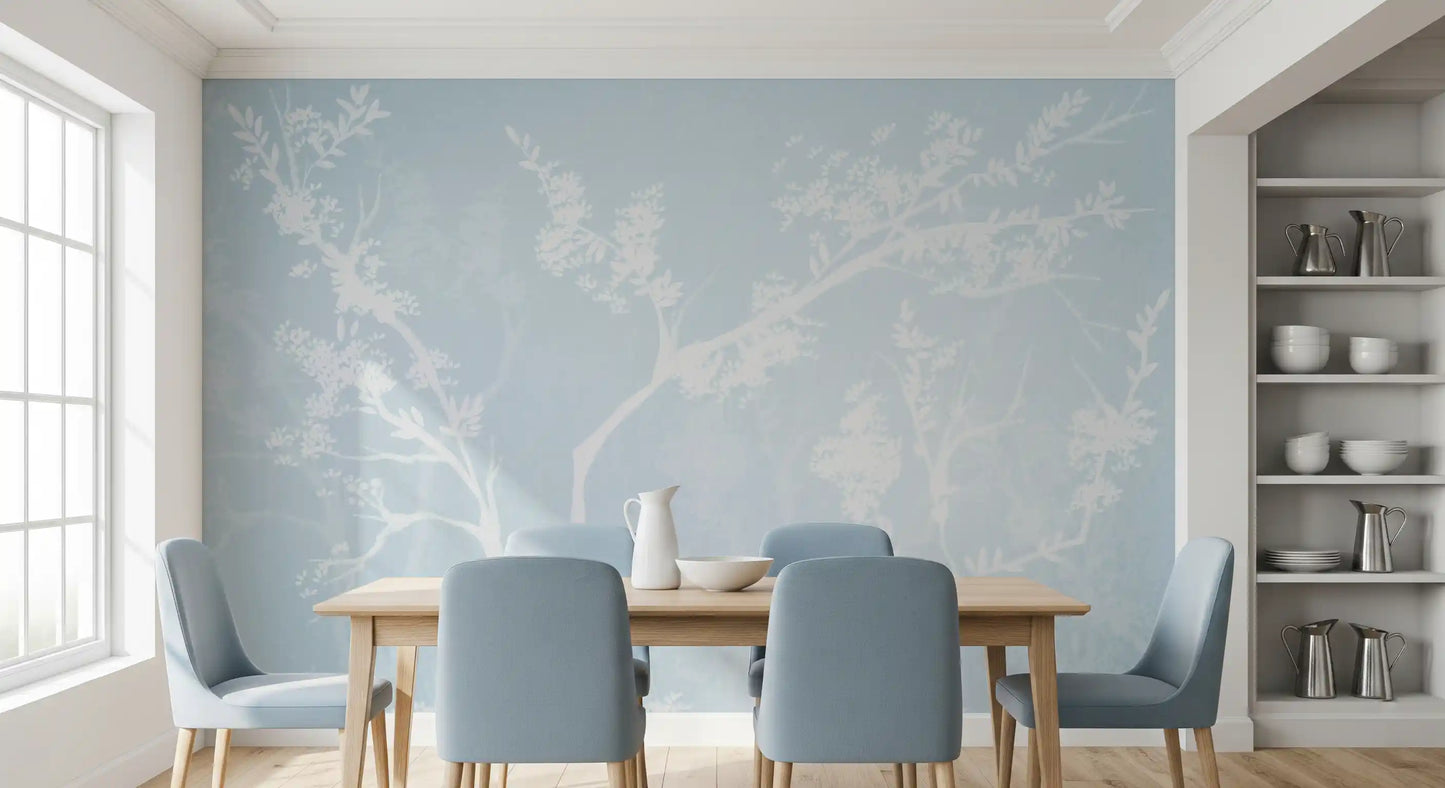 Ethereal Blue Blossom Silhouet Neutrale Muurmuurdecoratie