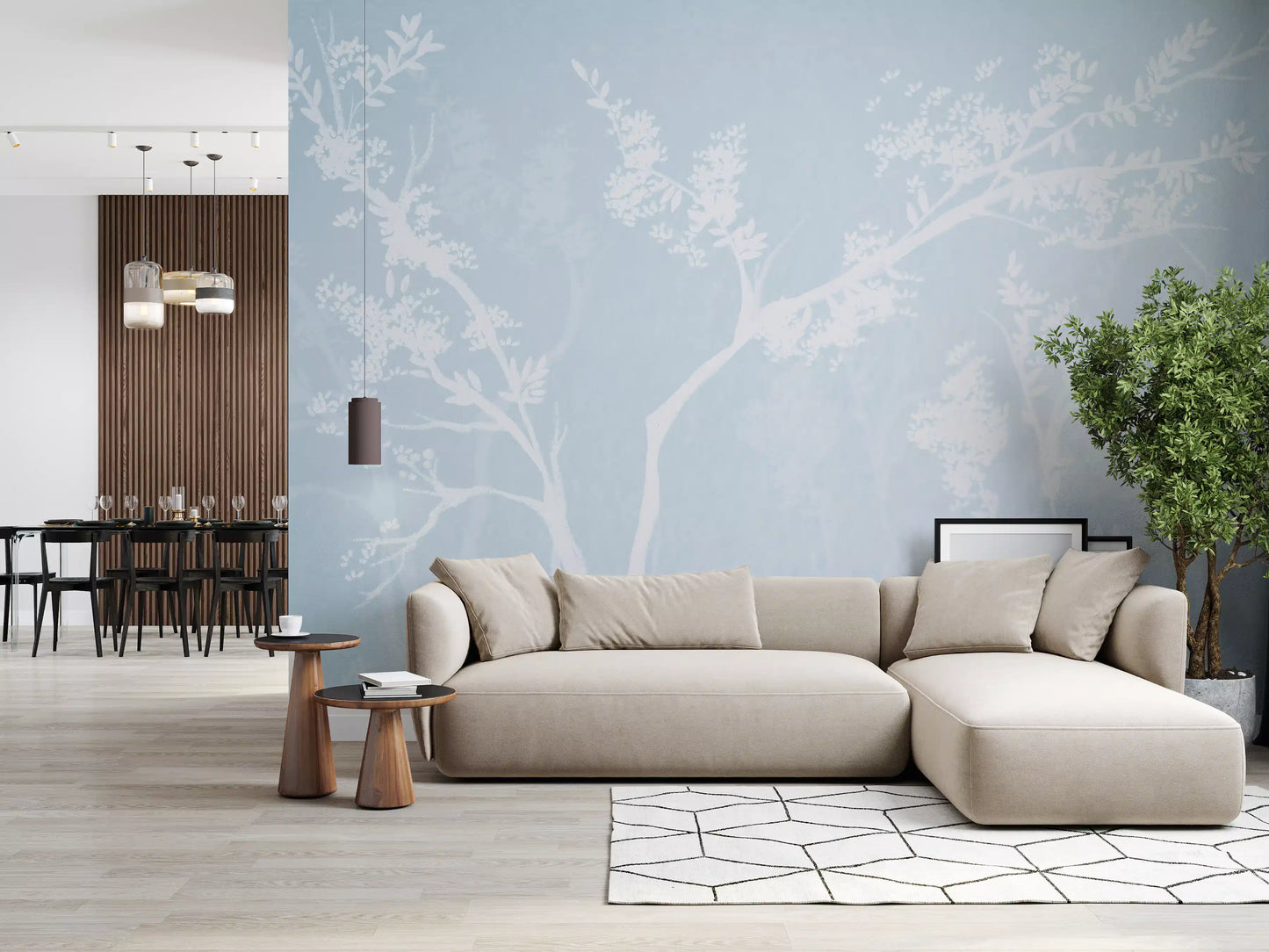 Ethereal Blue Blossom Silhouet Neutrale Muurmuurdecoratie
