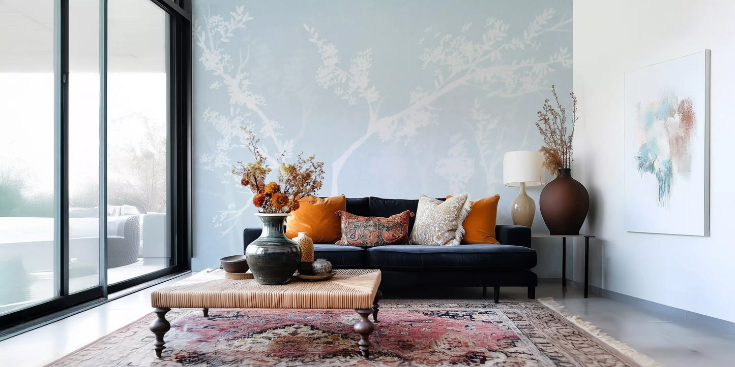 Ethereal Blue Blossom Silhouet Neutrale Muurmuurdecoratie