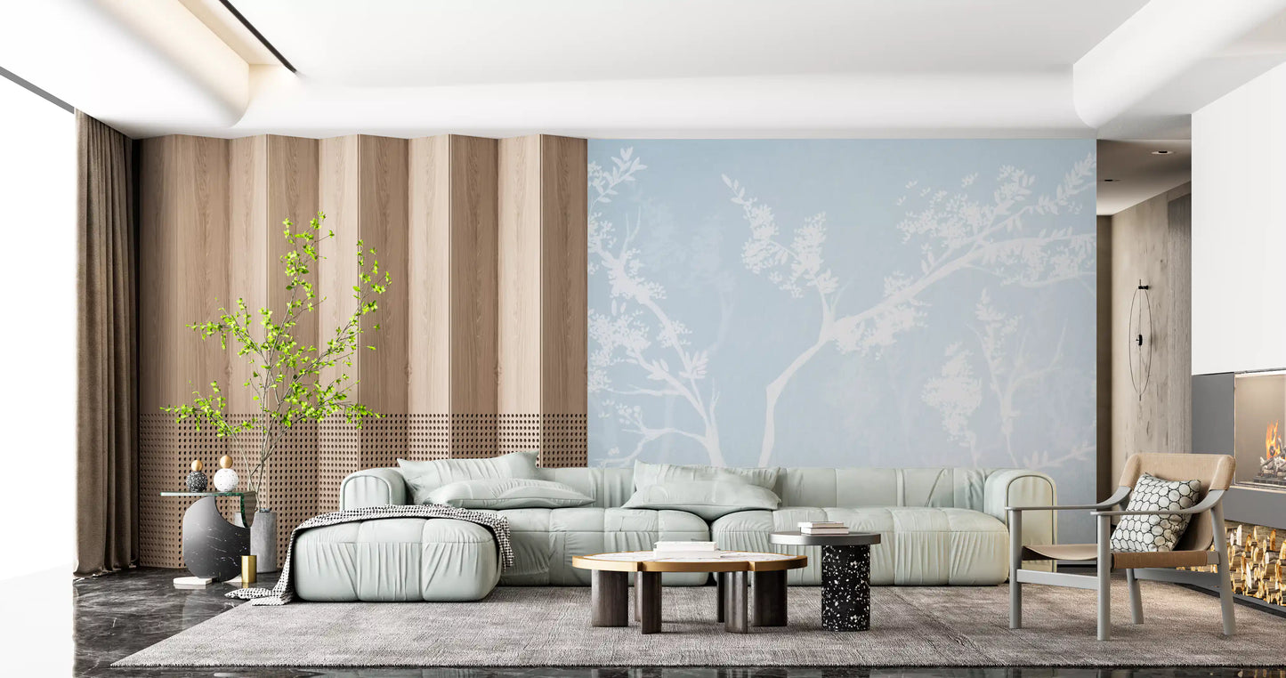 Ethereal Blue Blossom Silhouet Neutrale Muurmuurdecoratie