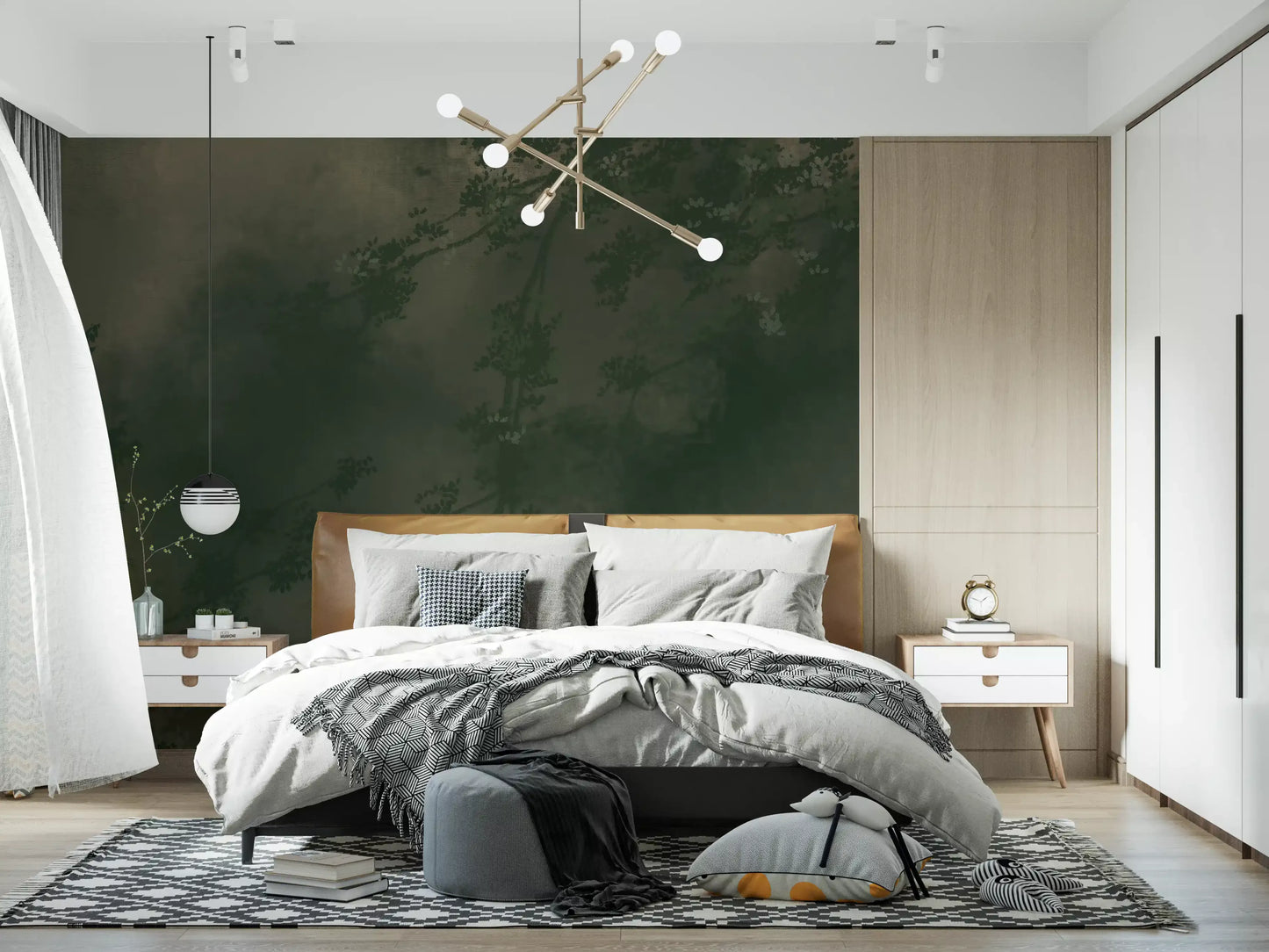Atmospheric forest mist gives a Bedroom wall mural its mood