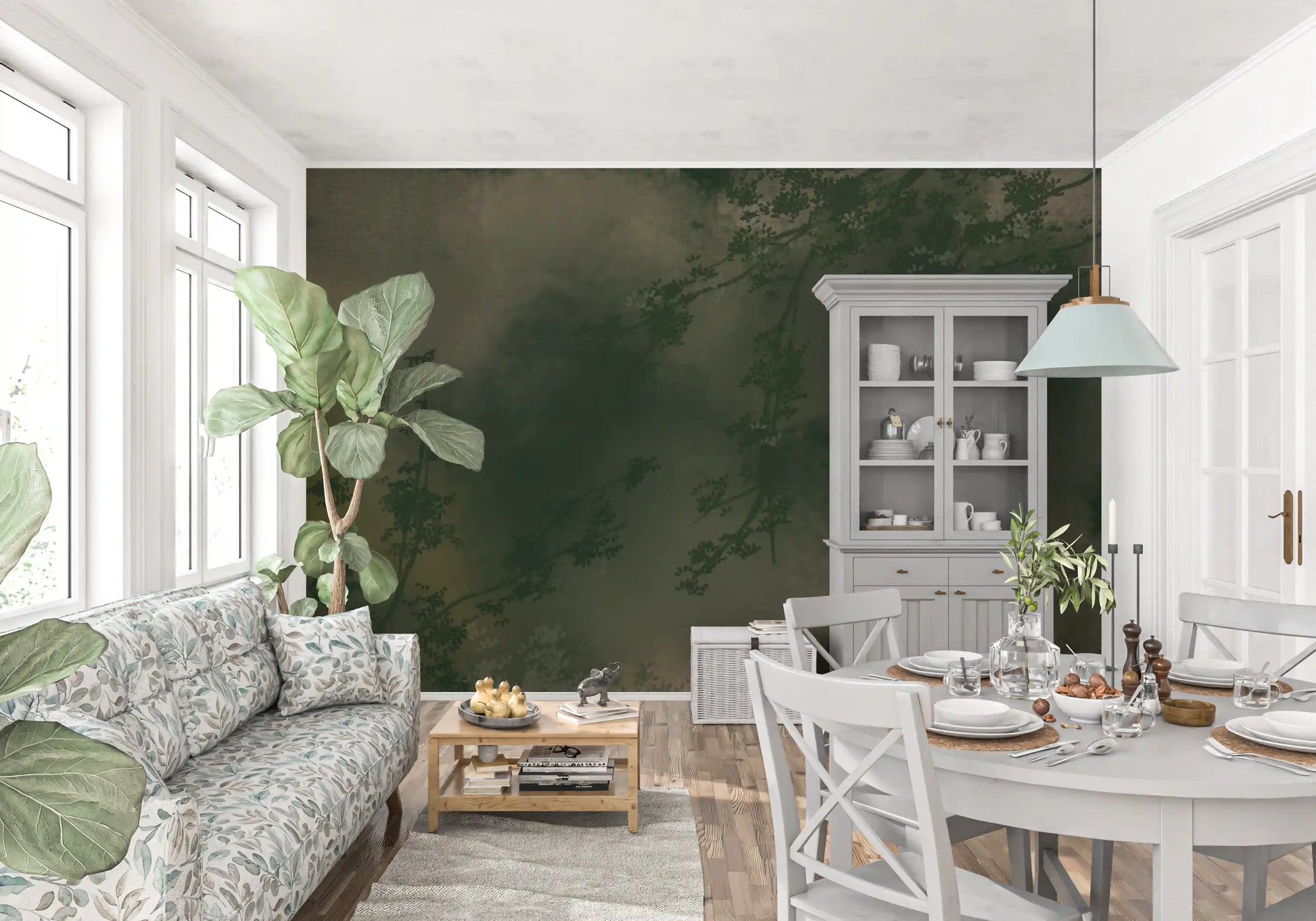 Slender branches and faint blossom float through the Verdant Mist wall mural