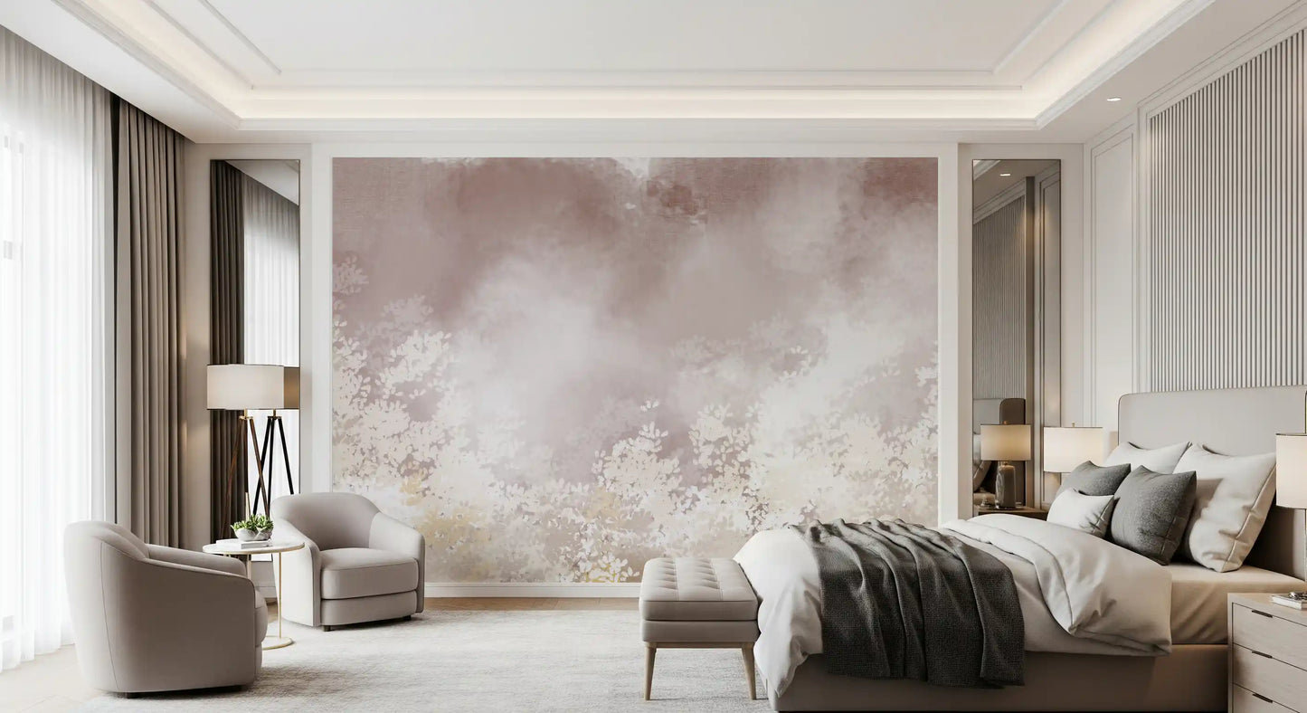 Gentle Leaf Veil wall mural blending cream blossoms into a dusty rose haze
