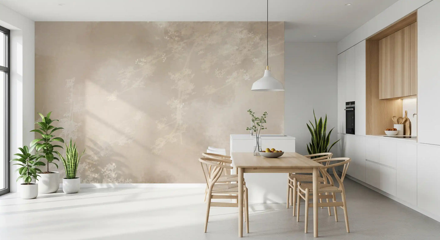 Slender trees blur gently into the haze on this misty forest wall mural
