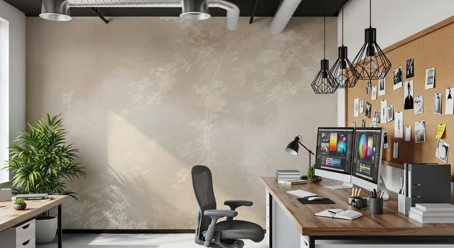 Faint branches fade into mist within this abstract forest wall mural