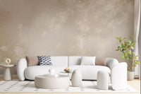Calm living room set off by an ethereal misty forest wall mural