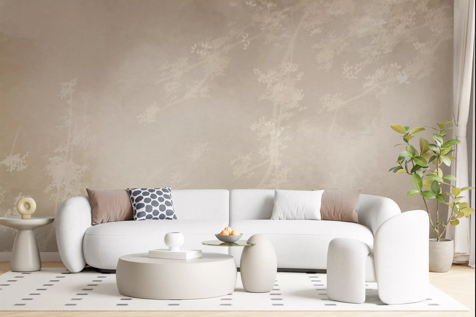 Calm living room set off by an ethereal misty forest wall mural