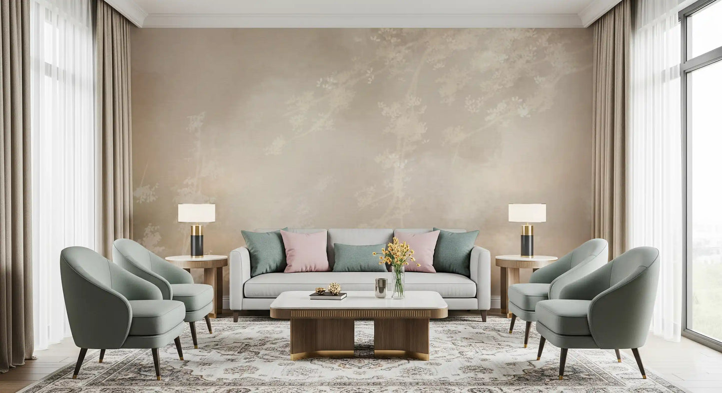 Airy living room shaped by a misty forest landscape wall mural