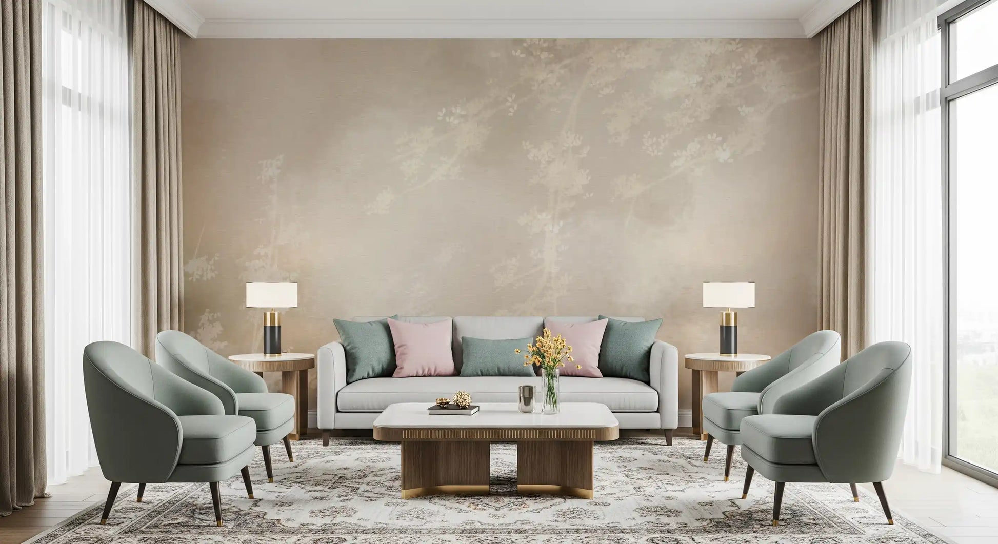Airy living room shaped by a misty forest landscape wall mural