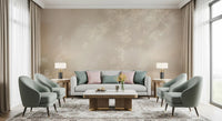 Airy living room shaped by a misty forest landscape wall mural