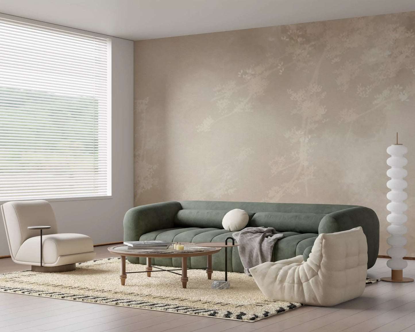 Ethereal misty forest wall mural showing pale blossoms in a beige haze