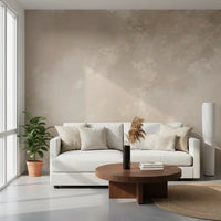 Living room glowing beside an abstract misty forest wall mural