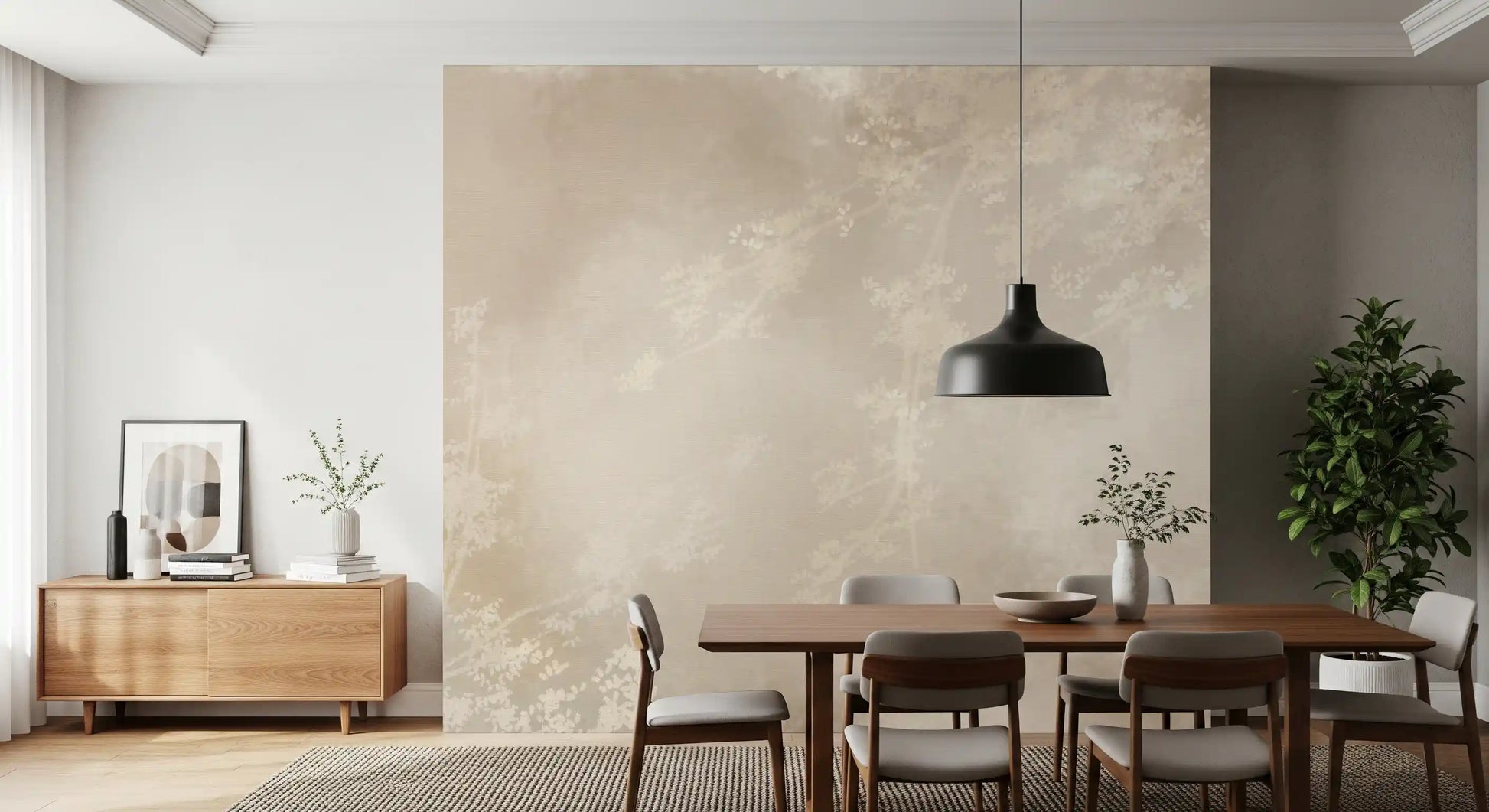 Hazy canopy wall mural setting a dreamy mood in a bright Dining room 