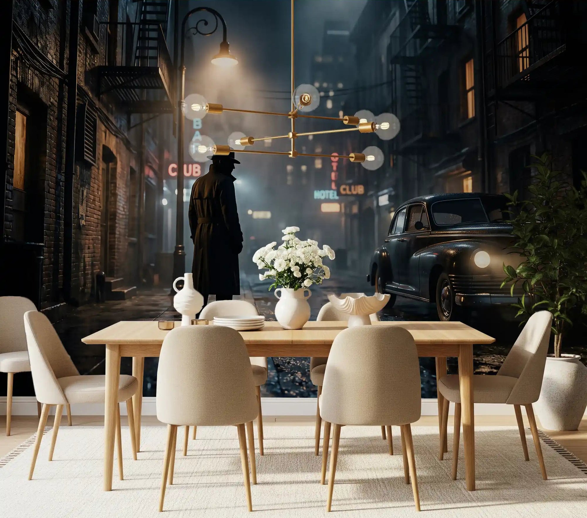 Midnight city noir wall mural sets a cinematic mood across a styled dining room