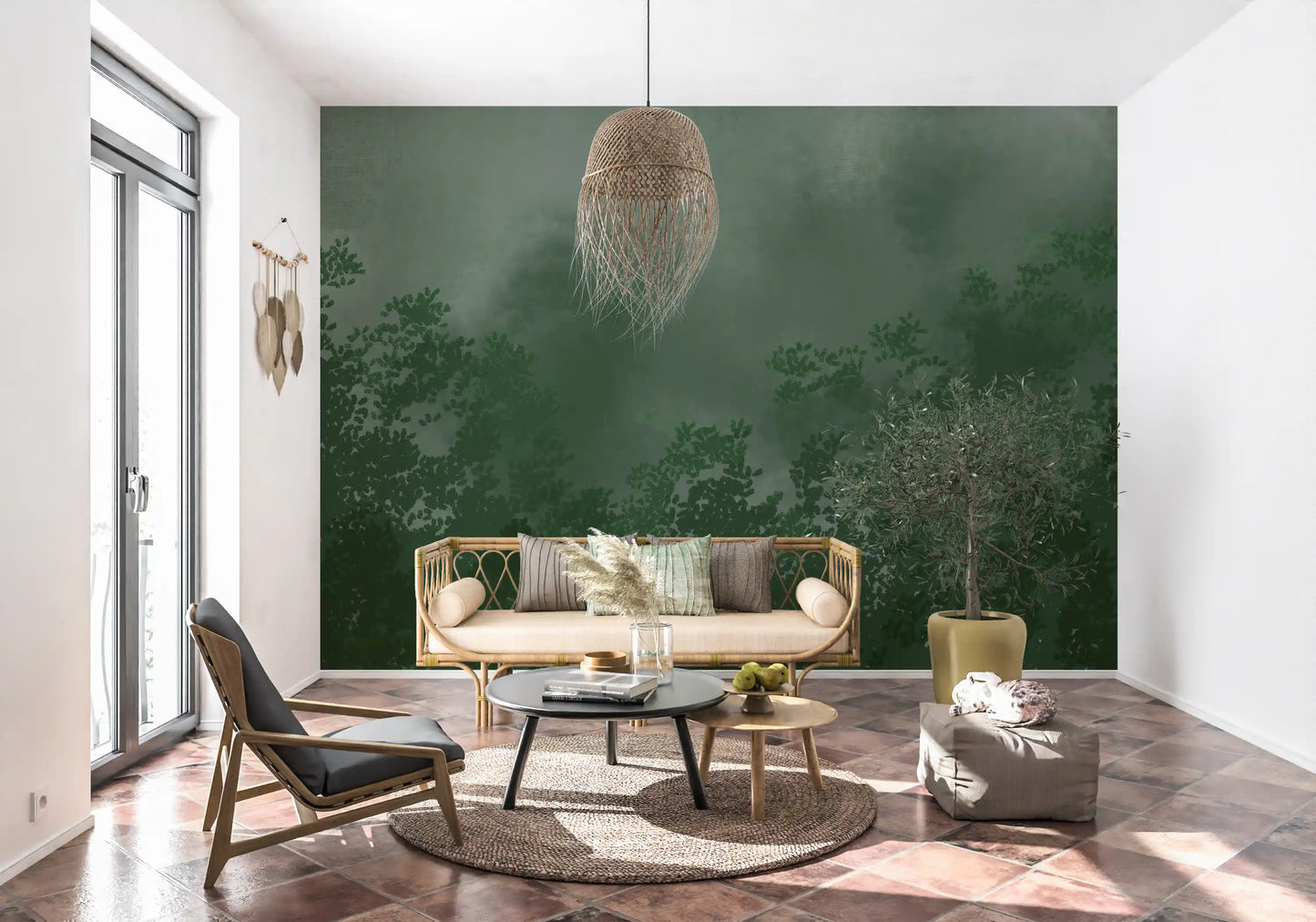 Emerald Canopy Mist Forest Donkere Muurmuur