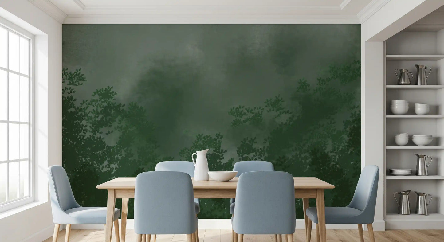 Emerald Canopy Mist Forest Donkere Muurmuur