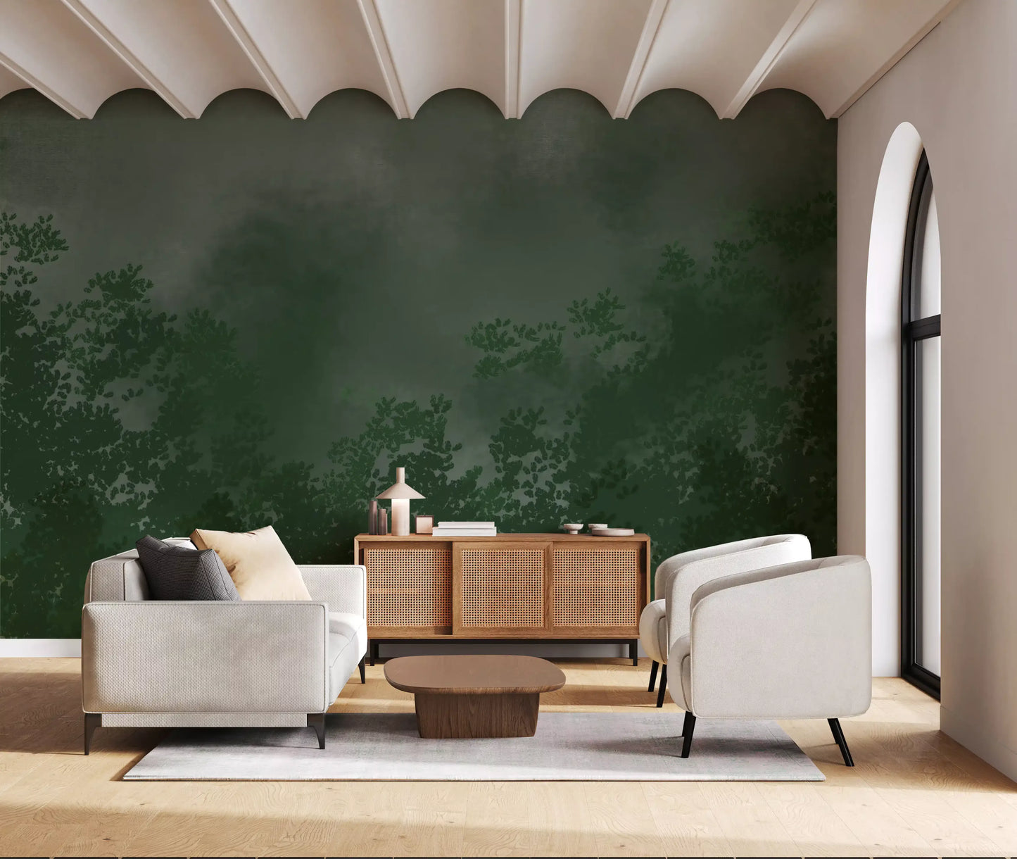Emerald Canopy Mist Forest Donkere Muurmuur