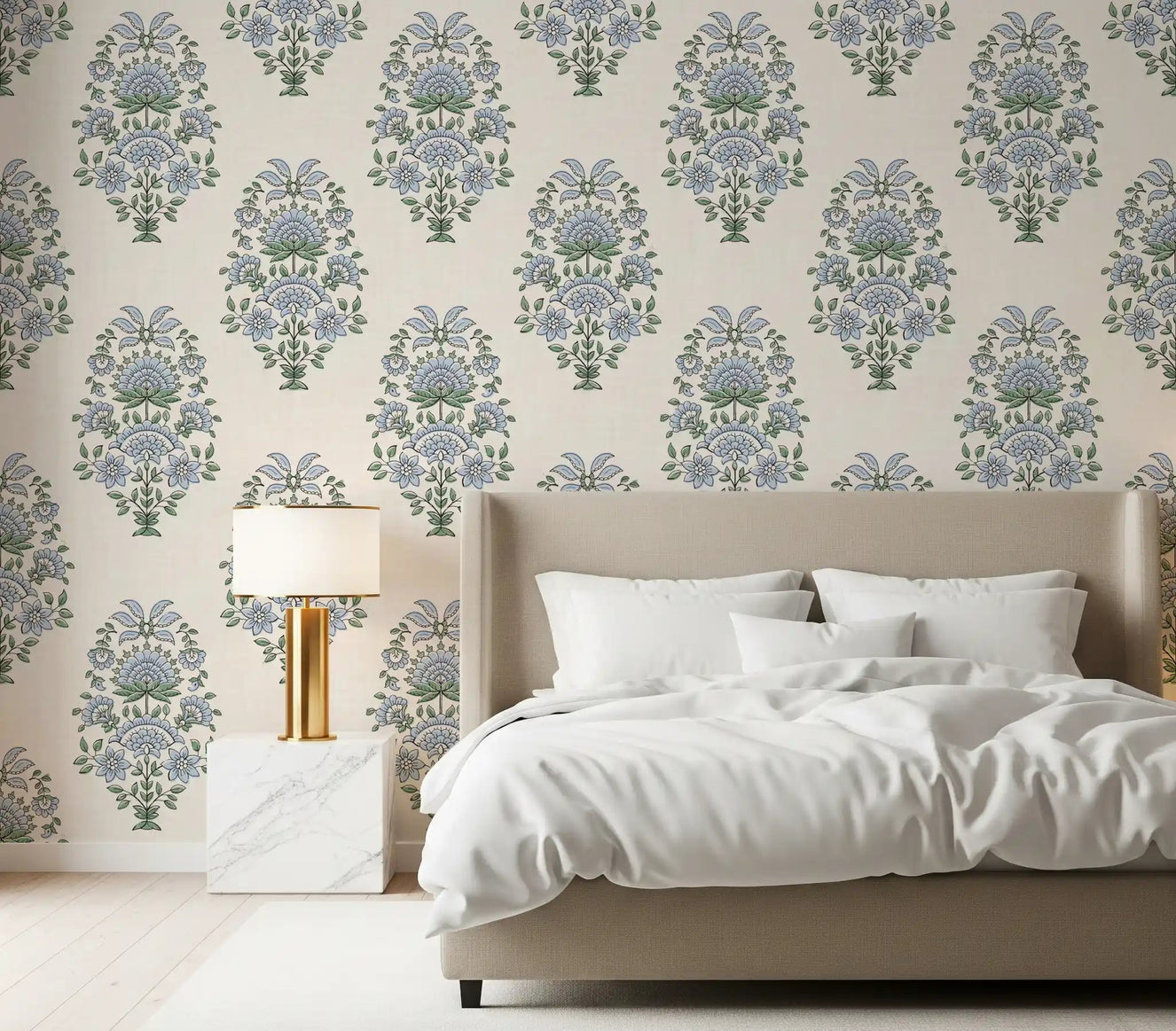 Bedroom styled with Serene Blue Floral Motif Wallpaper for a calm, restful mood