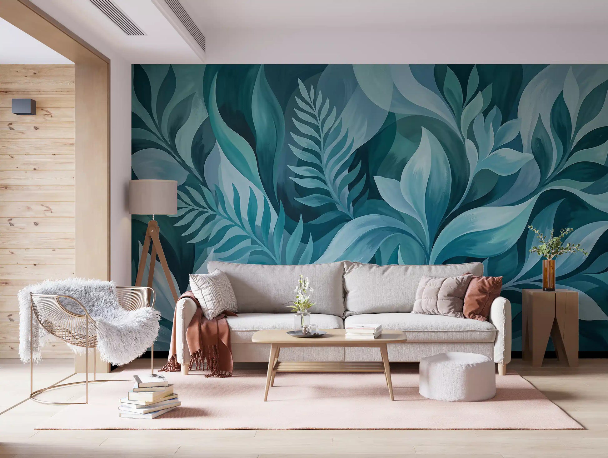 Cool teal tones calm a Hallway behind the Aqua Serenity Leaves wall mural