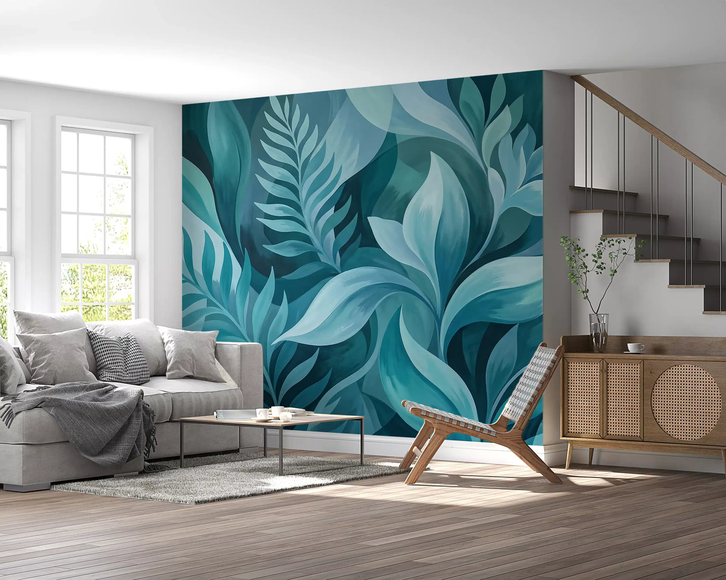 Calm green and teal fill a Living room with the Aqua Serenity wall mural