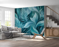 Calm green and teal fill a Living room with the Aqua Serenity wall mural