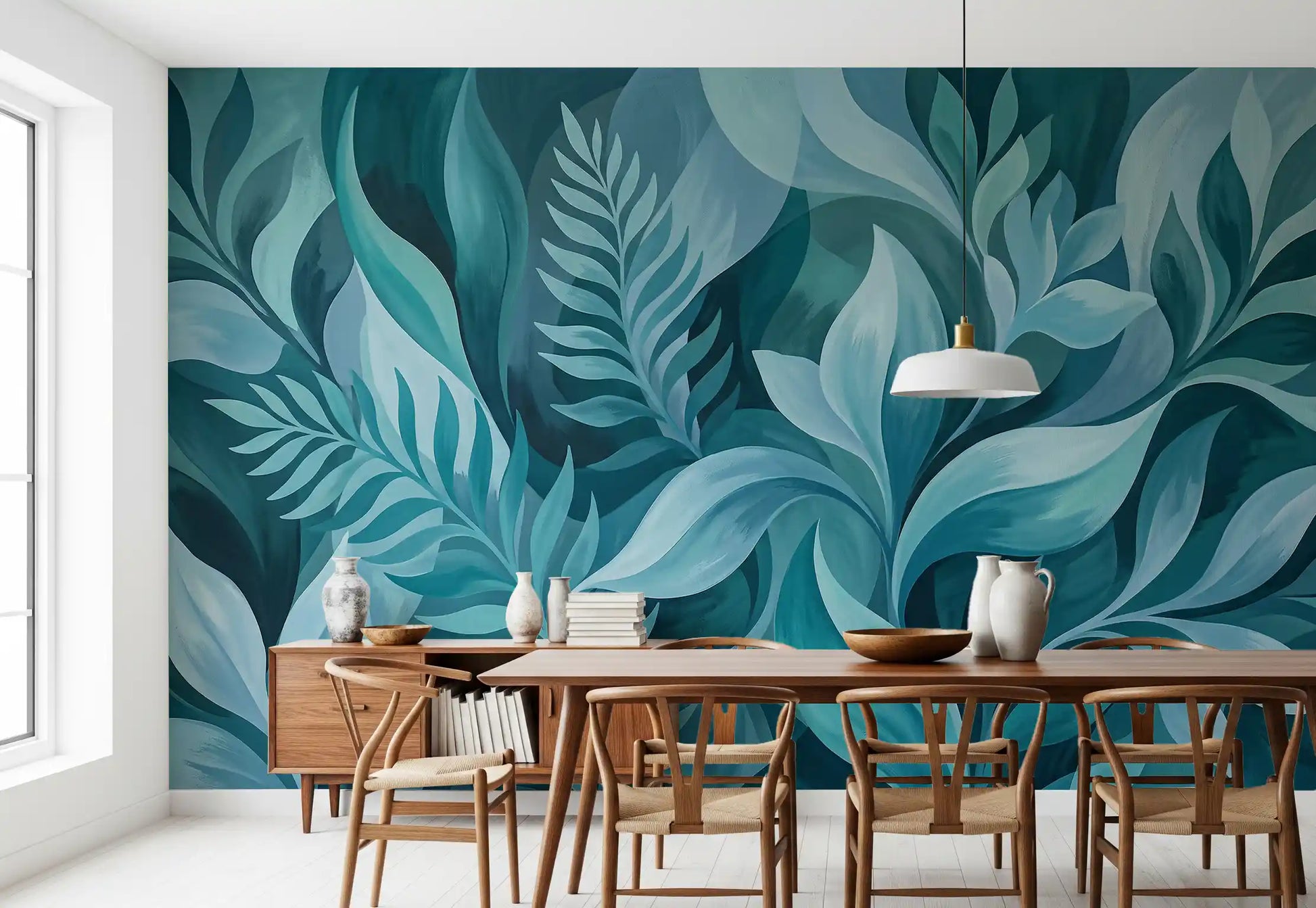 Mint and deep green tones blend through the Serenity Leaves wall mural