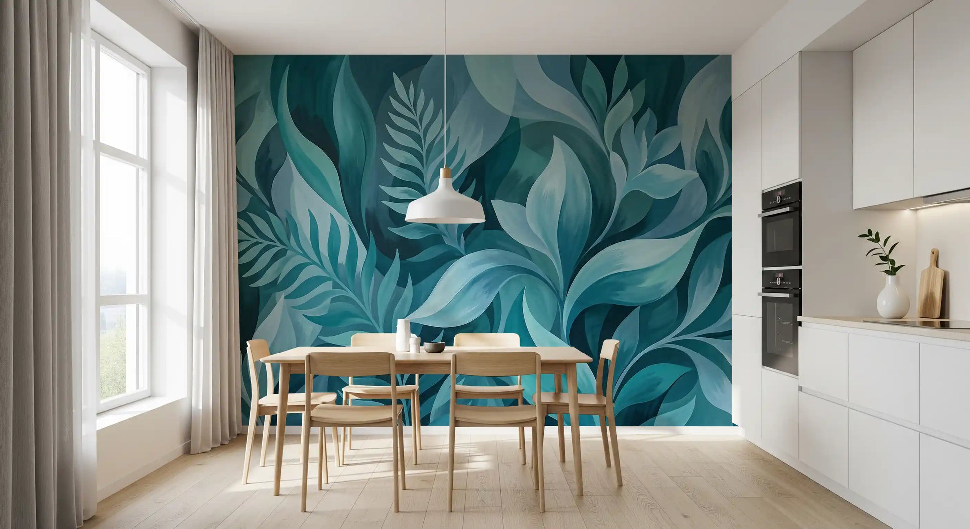 Aqua Serenity Leaves wall mural with painterly teal and aqua leaf clusters