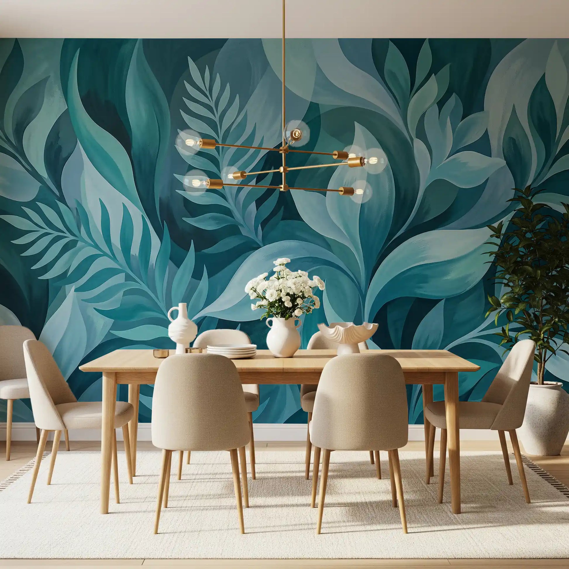 Teal foliage flows down a Dining room in the Serenity Leaves wall mural