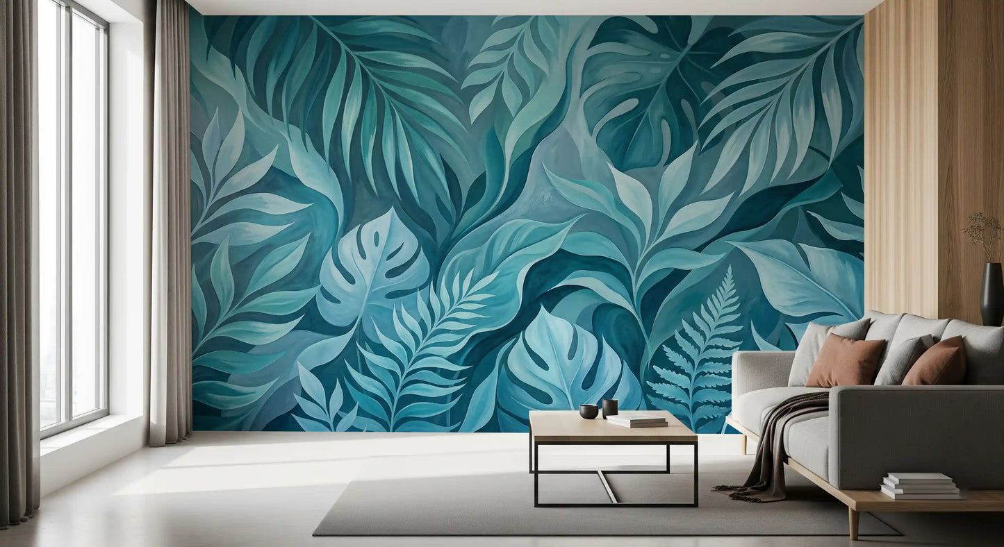A tropical canopy in teal anchors a relaxed lounge as a wall mural feature
