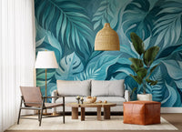 Painted leaves overlap in cool blue-green tones within this canopy wall mural