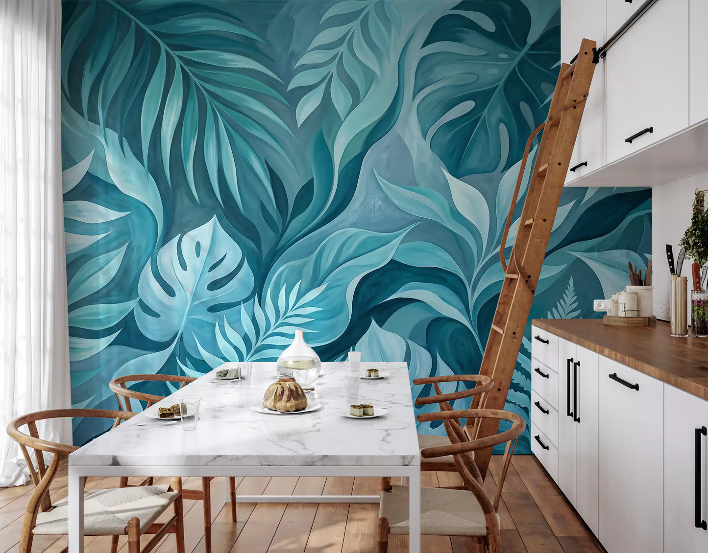 Cool blue-green foliage adds a restful tone to a Kitchen and dining room wall mural