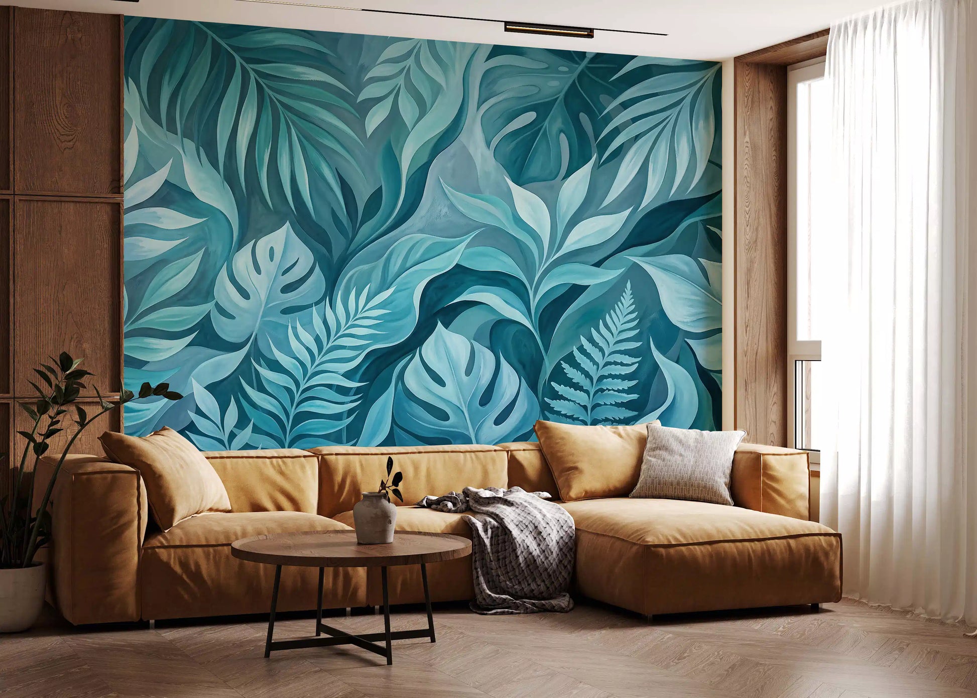 Layered teal and turquoise foliage gives this tropical wall mural gentle depth