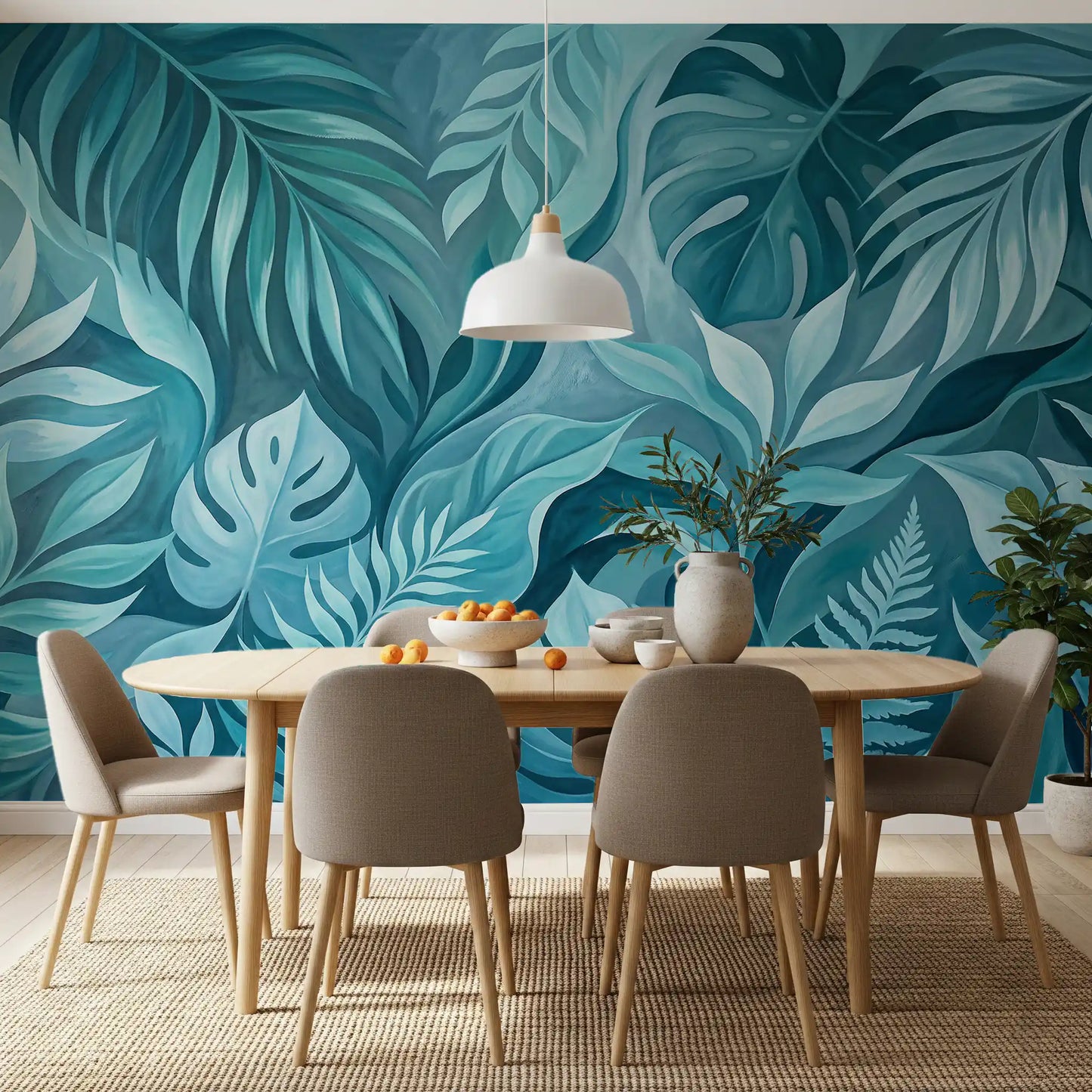 Teal Tropical Canopy wall mural showing painted monstera, palm, and fern leaves