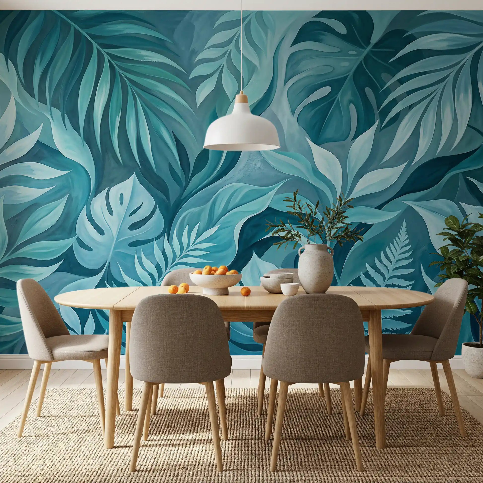 Teal Tropical Canopy wall mural showing painted monstera, palm, and fern leaves