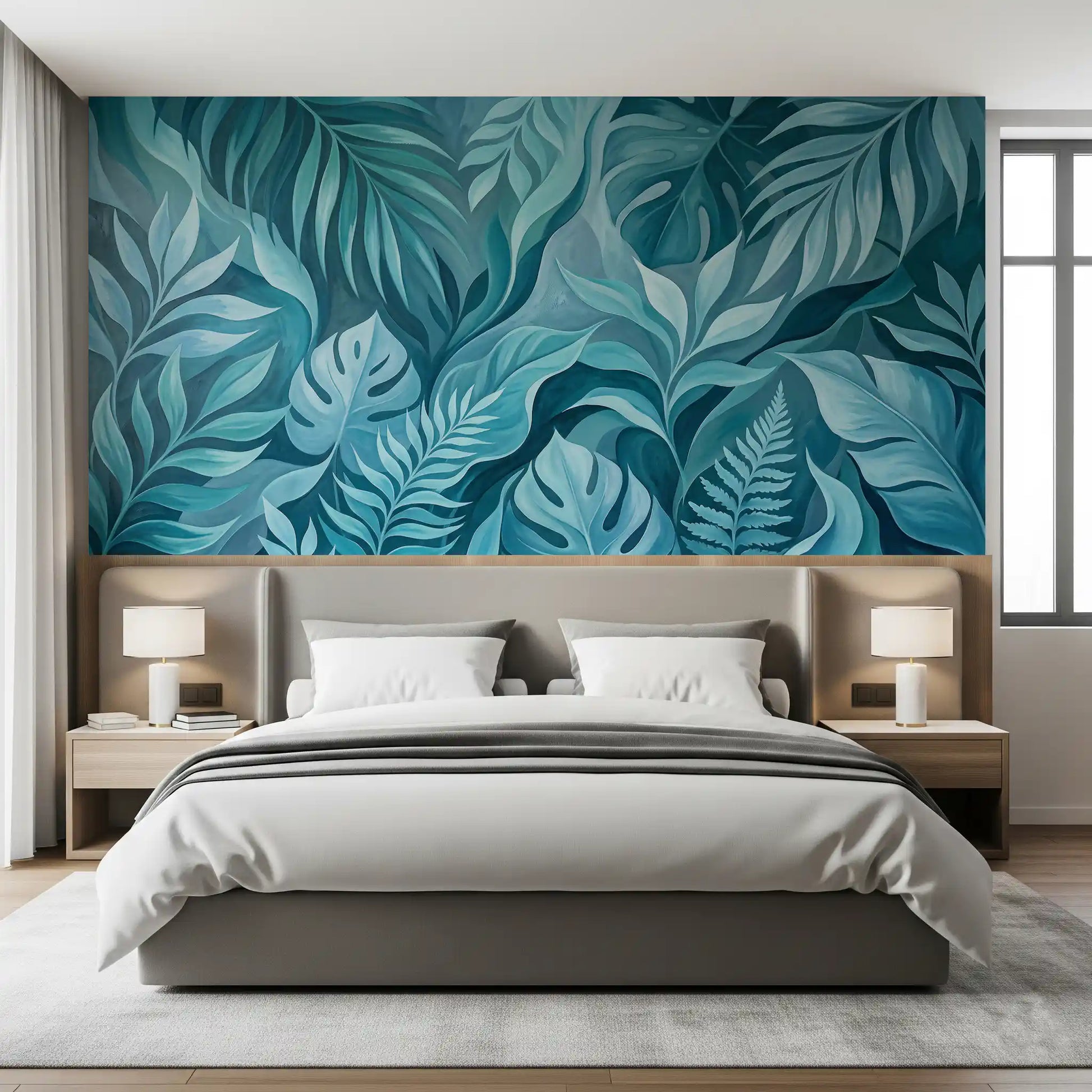 Calm botanical look of the Teal Tropical Canopy wall mural in cool teal hues