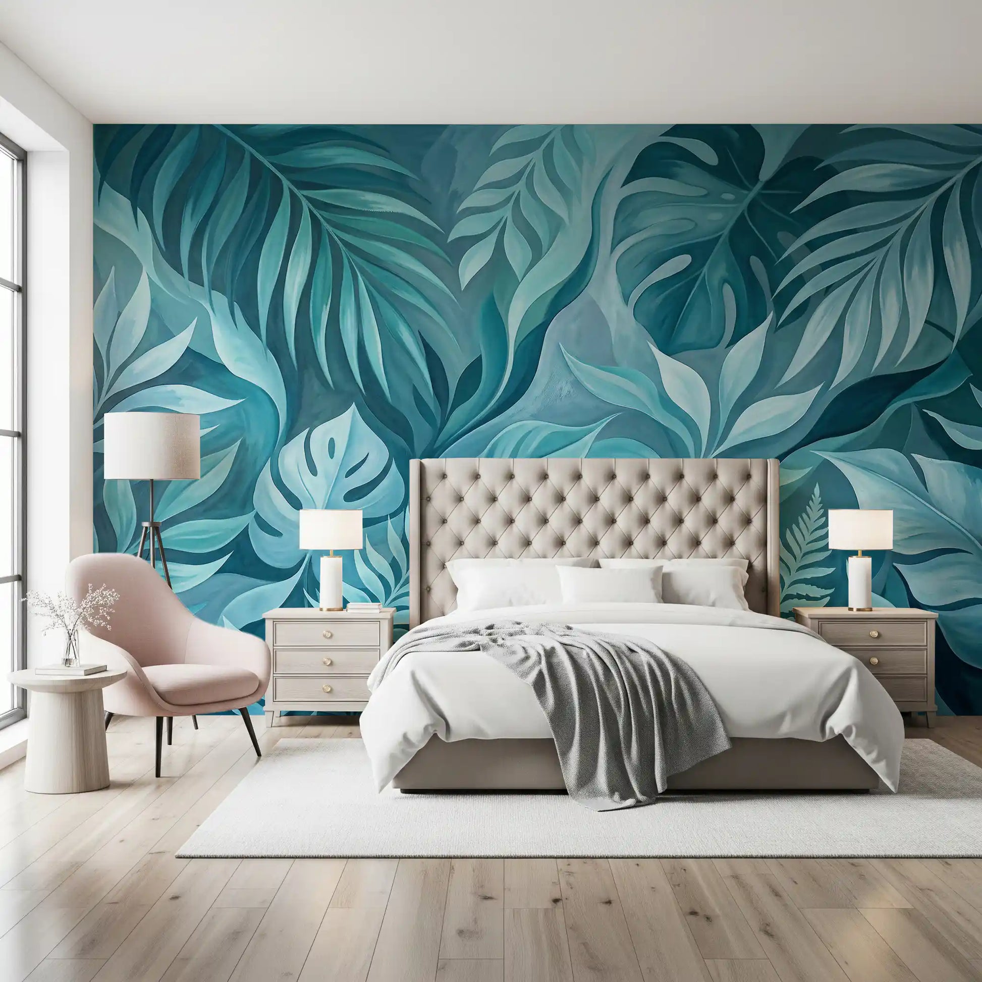 Set behind a quiet Bedroom, this teal canopy reads as a tropical wall mural