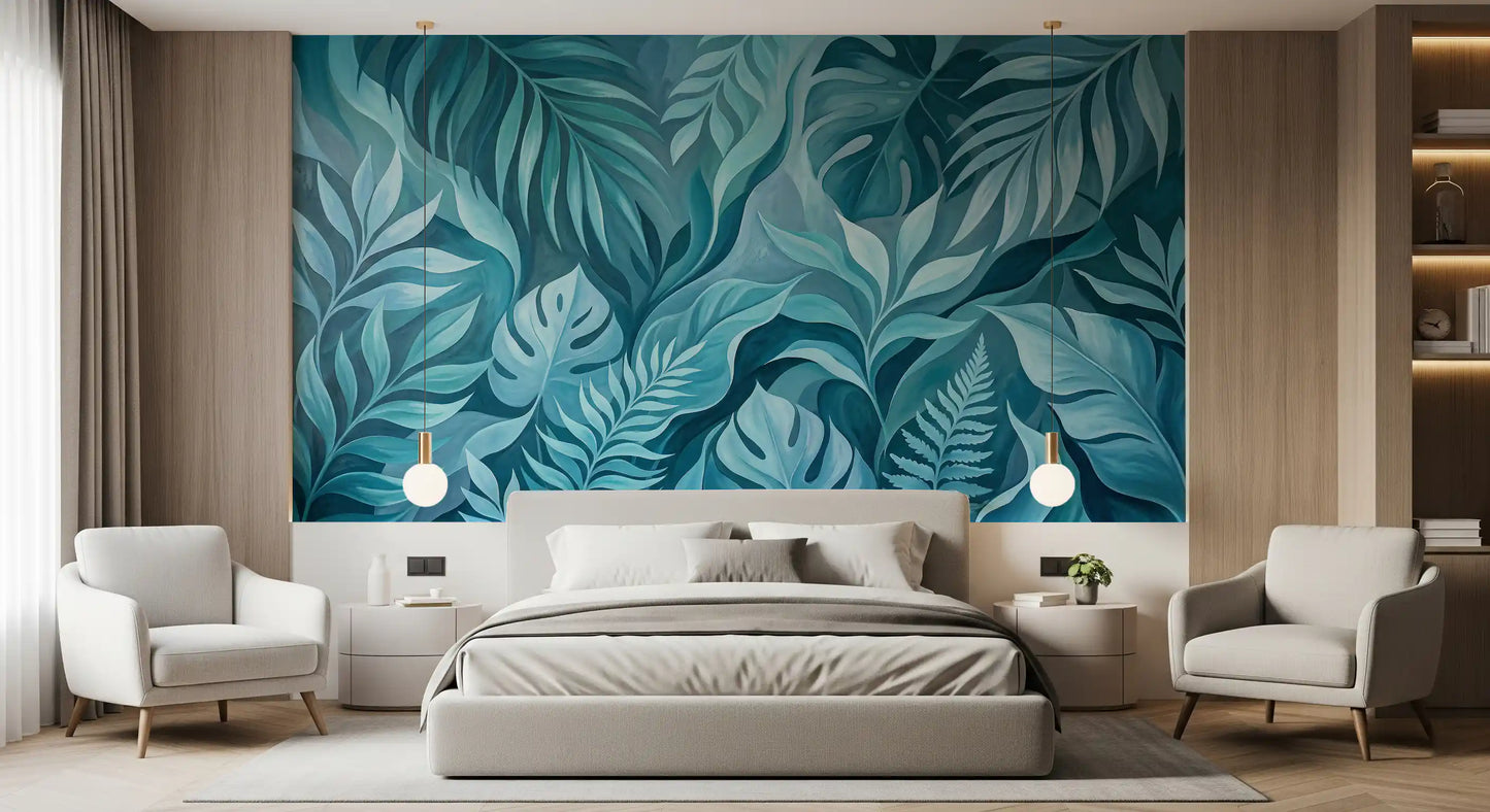 Painted teal leaves wrap a calm Bedroom in this tropical wall mural